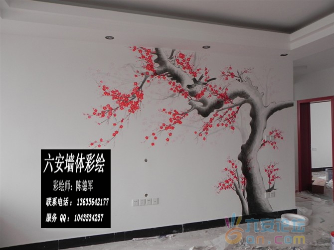 喜上眉头 梅花喜鹊电视墙彩绘.jpg